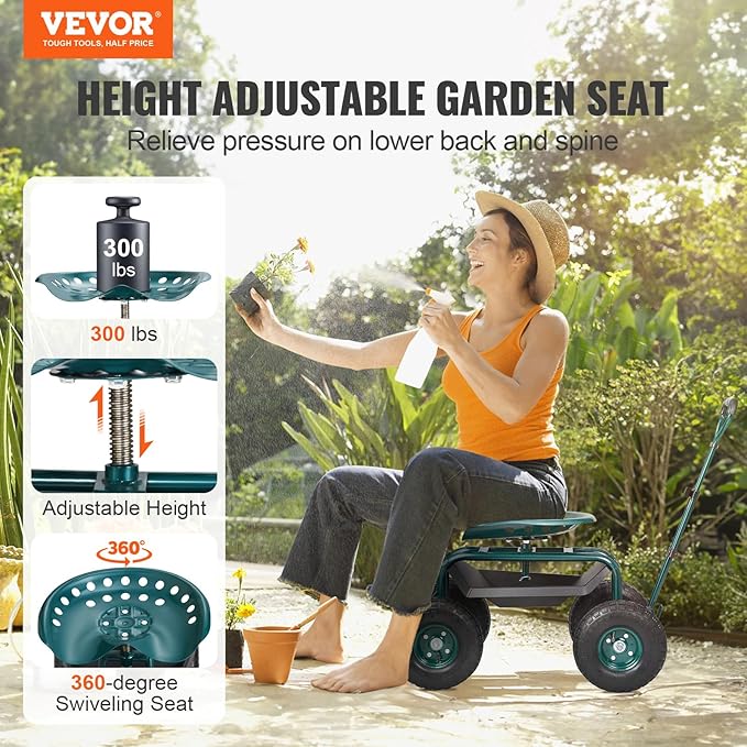 VEVOR Garden Cart Rolling Workseat with Wheels, Gardening Stool for Planting, 360 Degree Swivel Seat, Wagon Scooter with Steering Handle & Utility Tool Tray, Use for Patio, Yard, and Outdoors, Green - Image 2
