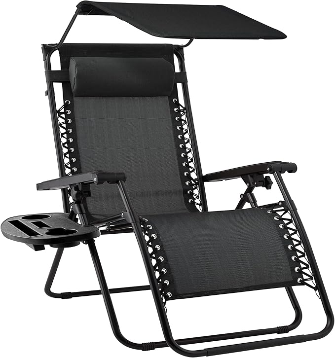 Best Choice Products Folding Zero Gravity Outdoor Recliner Patio Lounge Chair w/Adjustable Canopy Shade, Headrest, Side Accessory Tray, Textilene Mesh - Black by BestChoiceProducts