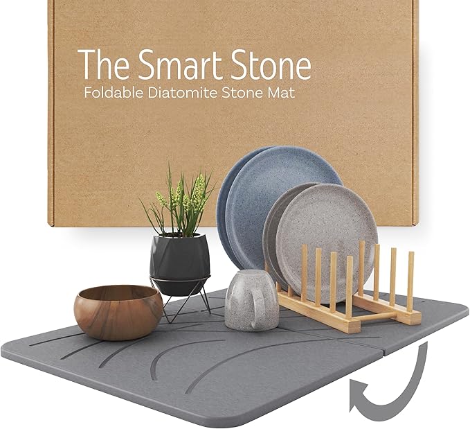 Large Stone Drying Mat with Bamboo Rack | 23.6” x 15.4” Diatomaceous Earth by FEDBB