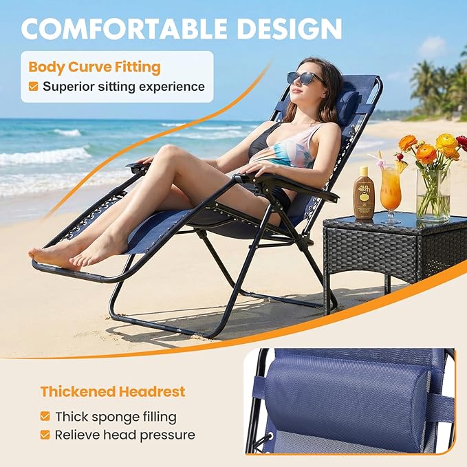 NEWBULIG Zero Gravity Chair Set of 2, Lounge Chair Folding Portable Adjustable Camping Reclining Chairs with Adjustable Pollow, Mesh Back, Cup Holder Trays Lawn Patio Chair for Pool Beach - Blue - Image 5
