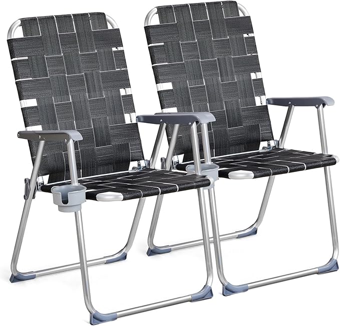 VINGLI Aluminum Patio Lawn Chairs Folding Set of 2 with Detachable Cup Holder, Webbed Beach Chair Folding Chair Outdoor Portable Camping Chair for Yard, Garden by VINGLI
