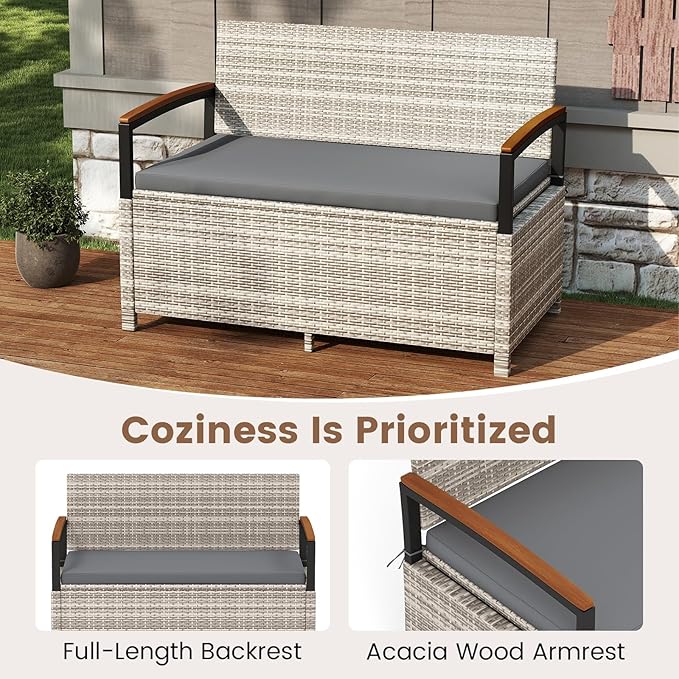 RELAX4LIFE Wicker Outdoor Storage Bench, Rattan Deck Box w/Protective Liner for Patio Furniture Pillows & Garden Tools, Porch Loveseat with Seat Cushion, Acacia Wood Armrests (Grey) - Image 7