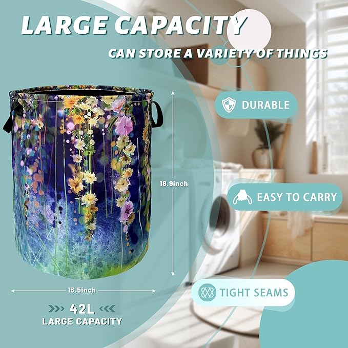 Beautiful Blue Green Floral Laundry Basket Foldable - Image 2