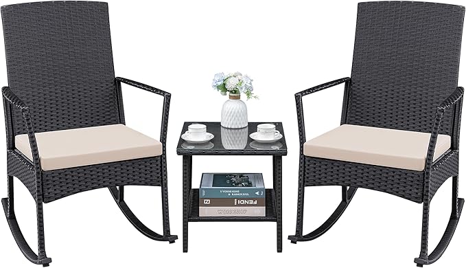 Greesum 3 Pieces Patio Furniture Set Outdoor Wicker Rocking Chairs with Glass Coffee Table for Garden Backyard Porch Poolside, Beige by BuynowfromGreesum