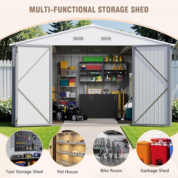 Greesum 10×14 FT Outdoor Storage Shed, Metal Storaged Sheds Without Floor, Tool Sheds with Lockable Doors and Sloping Roof for Garden, Patio, Gray - Image 4