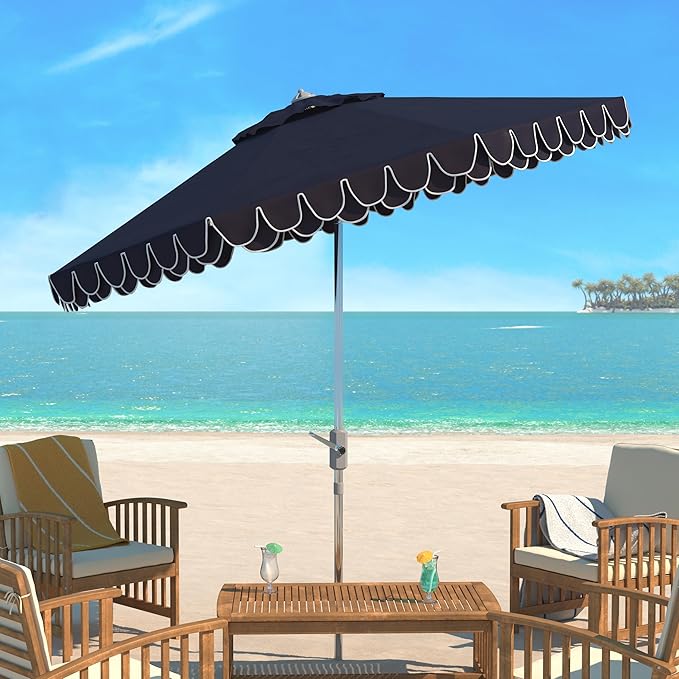 SAFAVIEH 9ft Outdoor Patio Umbrella, Round, Valance, White & Navy Trim, Auto Crank Tilt, UV Resistant for Deck, Backyard, Poolside (PAT8006G) - Image 2