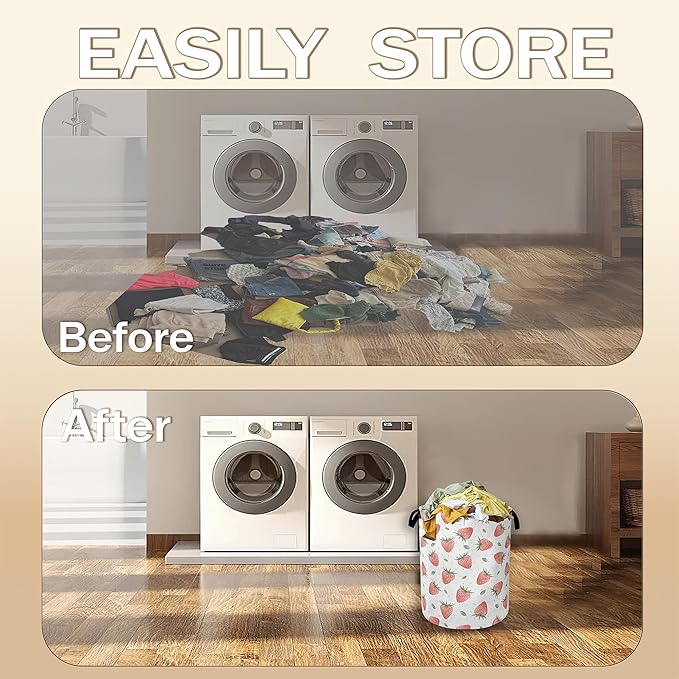 Watercolor Pink Strawberry Laundry Hamper, Waterproof Oxford Cloth Laundry Room - Image 7
