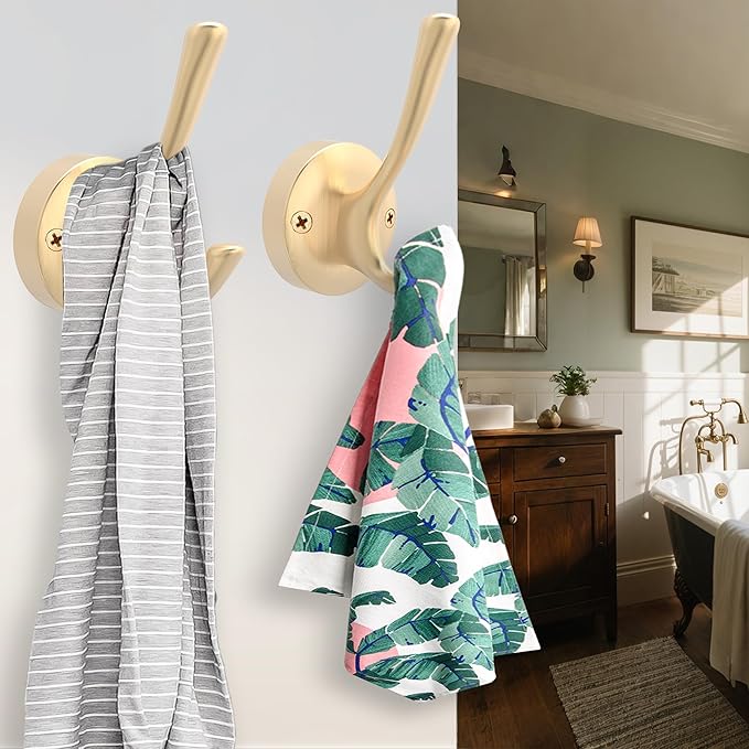 Gold Wall Hooks, 6 Pack Coat Robe Hook Heavy Duty Metal Double Bath Hook Wall - Image 4