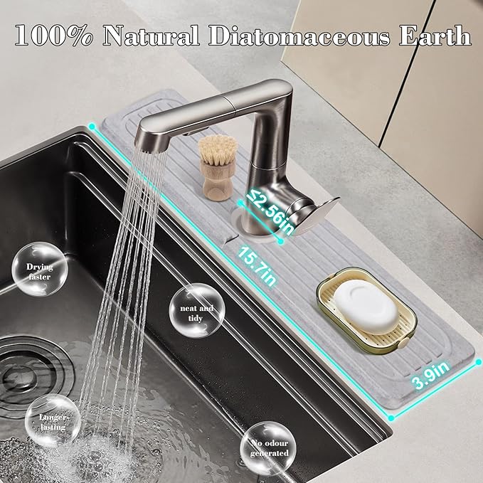 Stone Faucet Mat for Kitchen Sink, 15.7" Diatomite Drying Stone Kitchen Sink - Image 2