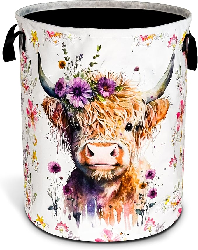 Highland Cow Laundry Basket Foldable Waterproof Oxford Cloth Funny Tote Bag by NUTAINLA
