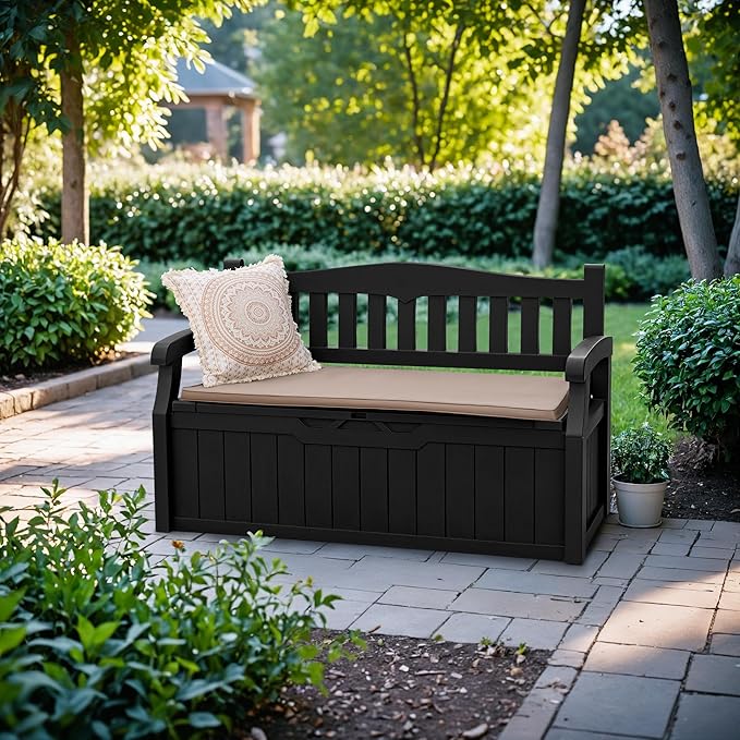 Devoko 80 Gallon Storage Bench Deck Box Lockable for Patio Furniture, Garden Decor and Outdoor Seating for Cushions, Garden Tools and Pool Supplies (Black) - Image 2