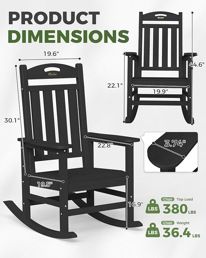 Oversized Outdoor Rocking Chair, High Back Porch Rocker Chair, HDPE All Weather Resistant Rocking Chairs for Patio, 380lbs Weight Capacity, Black - Image 3