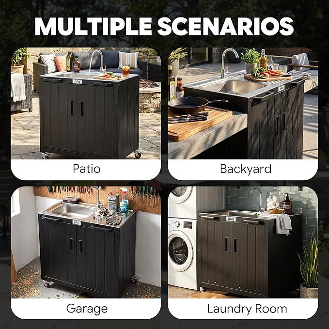 Outdoor Kitchen Island with Stainless Steel Sink and Storage Cabinet, 35-Inch BBQ Prep Station with Faucet & Lockable Wheels for Patio, Backyard, and Outdoor Cooking, Black & Silver - Image 9