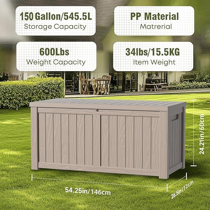 EasyUp 150 Gallon Outdoor Storage Box, Resin Waterproof UV-Resistant Deck Box with Hydraulic Lid Support, Reinforced Stability for Patio, Garden, and Poolside, Gray - Image 2