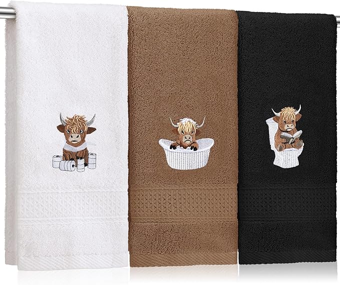 3 Pcs Highland Cow Hand Towels for Bathroom Embroidered Bathroom Towels by SmoothNovelty