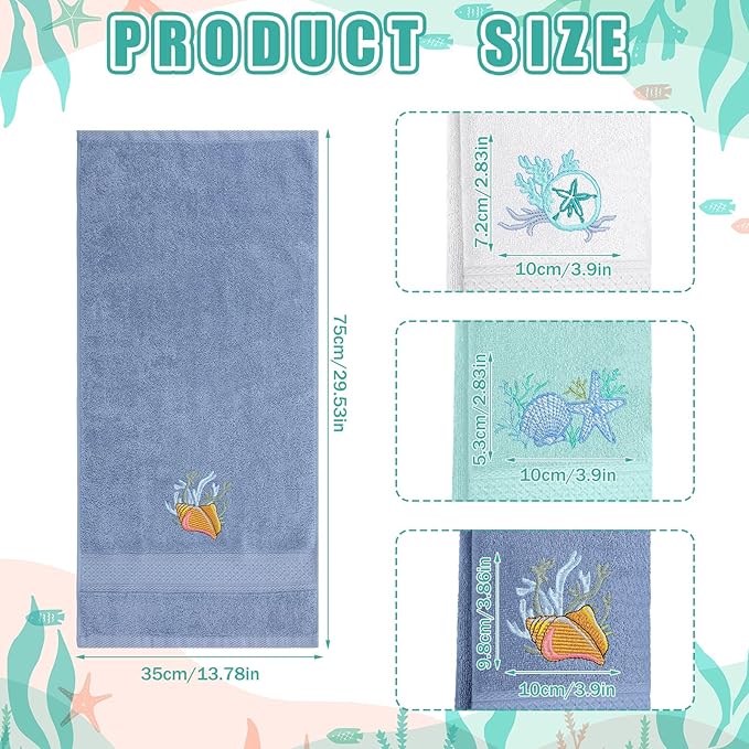 3 Pack Coastal Hand Towels for Bathroom 100% Cotton Embroidered Beach Bathroom - Image 2