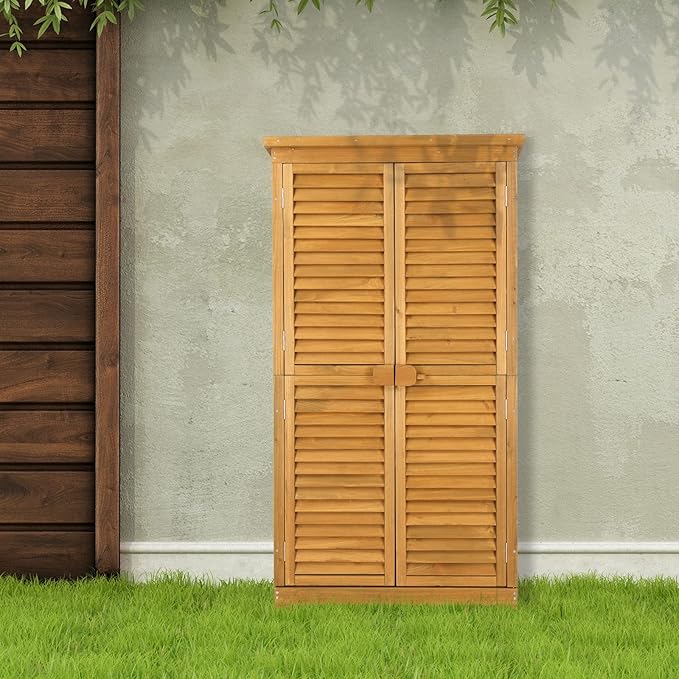 Outvita Outdoor Storage Cabinet, 63in Wooden Garden Tools Shed with 2 Lockable Doors, 3 Adjustable Shelves, Waterproof Roof for Yard Garge Patio Deck Porch, Natural - Image 7