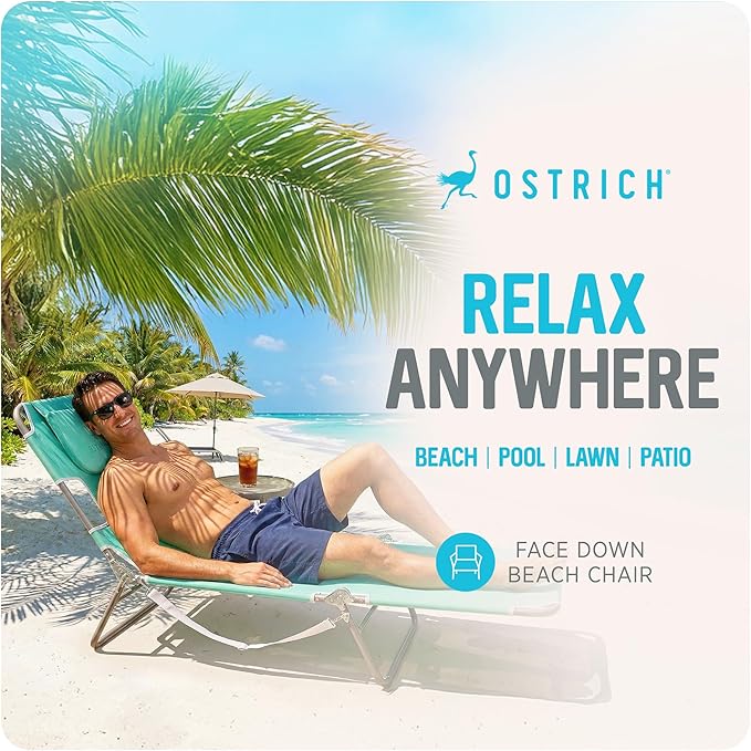 Ostrich 4-Position Outdoor Chaise Lounge w/Face Cushion & Arm Holes, Teal - Lightweight Folding Lounger w/Adjustable Reclining Backrest, Portable w/Carry Strap, 250 lb Weight Capacity - Image 4