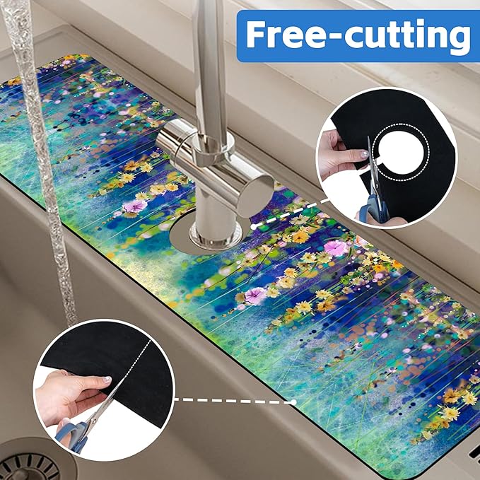 Abstract Watercolor Floral Kitchen Sink Splash Guard Mat Absorbent Fast Drying - Image 7