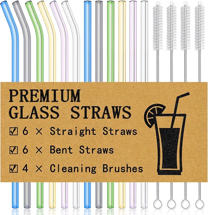 Piteno® 16-Pack Reusable Glass Drinking Straws, Milkshakes by Piteno