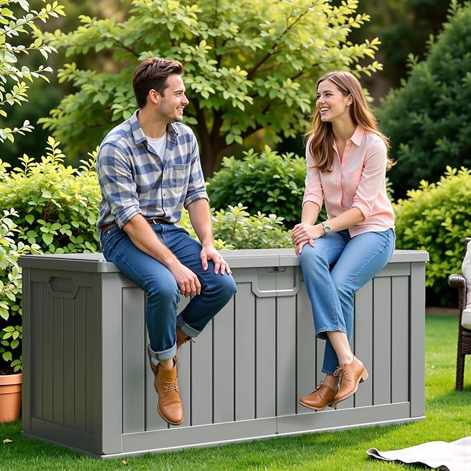 Flamaker Resin Deck Box 250 Gallon, Waterproof Imitation-Wood Lockable Storage Box with Separator Plate Outdoor Indoor, Garden, Patio Furniture for Tools&Pool Accessories (Gray) - Image 8