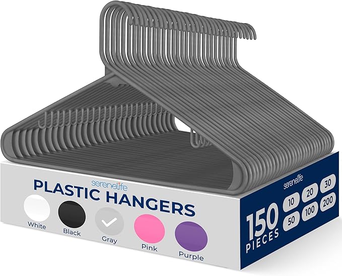 SereneLife 150 Pcs Plastic Hangers Gray – Ultra Lightweight Heavy Duty Non Slip by SereneLife