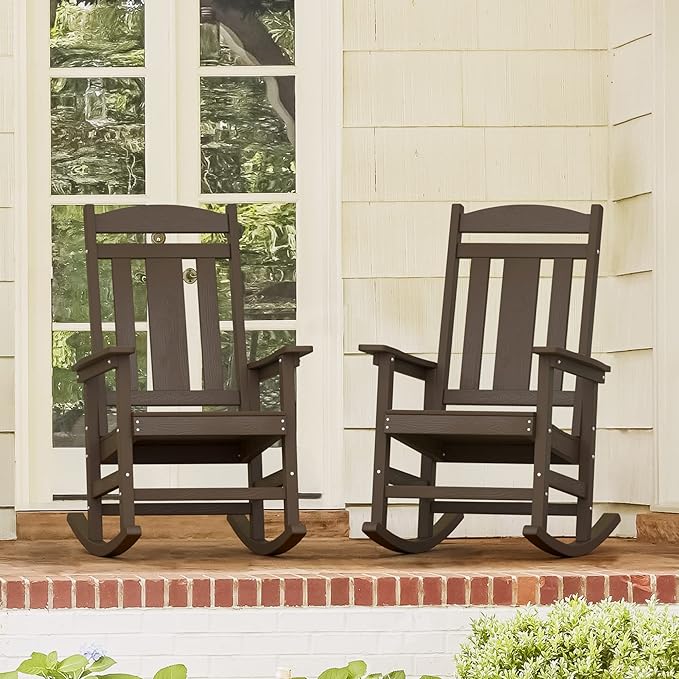 LUE BONA Outdoor Rocking Chairs Set of 2, Weather Resistant HDPS Poly Rocker Chairs, 350lb Heavy Duty, Oversized Porch Rocker for Adult, High Back Smooth Rocking Chair for Outdoor & Indoor, Brown - Image 3