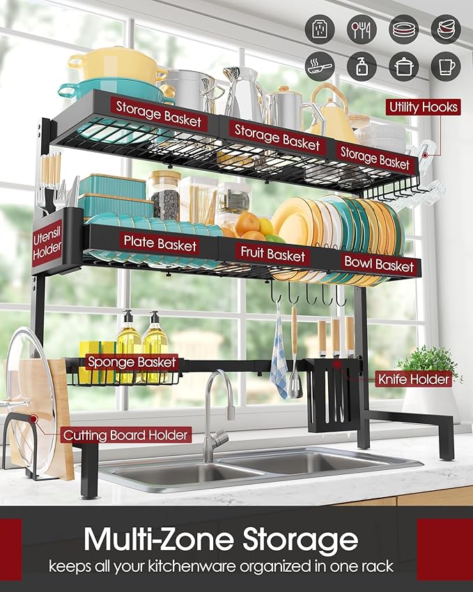 Over The Sink Dish Drying Rack, Expandable 3-Tier Stainless Steel Kitchen - Image 2