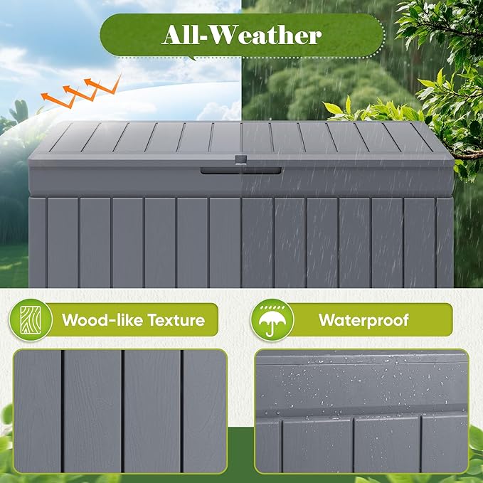Flamaker Outdoor Storage Box 80 Gallon Resin Waterproof Deck Box Delivery Box with Wood Texture Large Storage Bin for Patio Cushions, (Grey) - Image 5