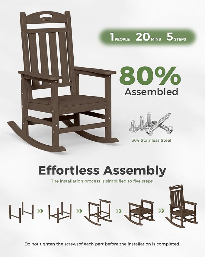 Oversized Outdoor Rocking Chair, HDPE All Weather Resistant Rocking Chairs for Patio, High Back Porch Rocker Chair, 380lbs Weight Capacity, Brown - Image 6
