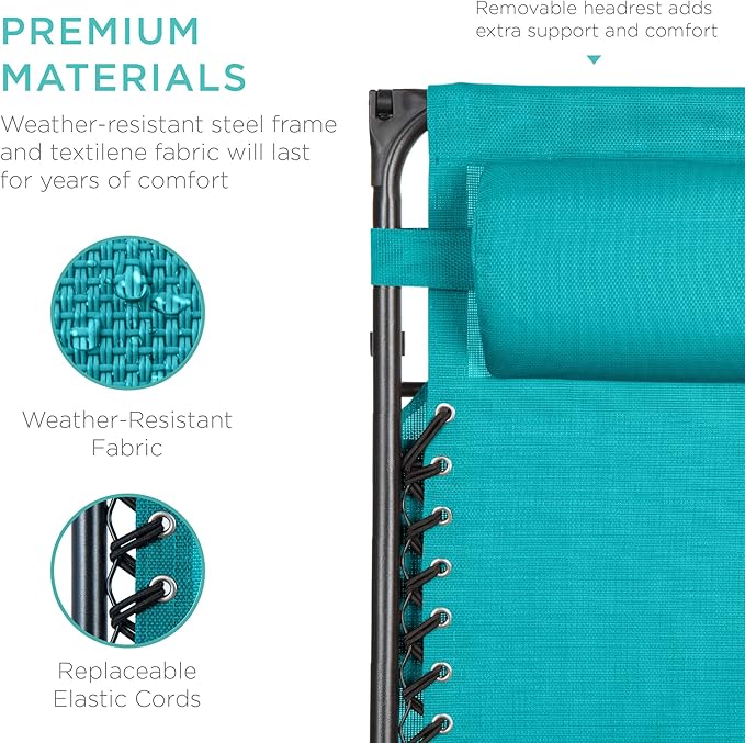 Best Choice Products Folding Zero Gravity Outdoor Recliner Patio Lounge Chair w/Adjustable Canopy Shade, Headrest, Side Accessory Tray, Textilene Mesh - Peacock Blue - Image 6