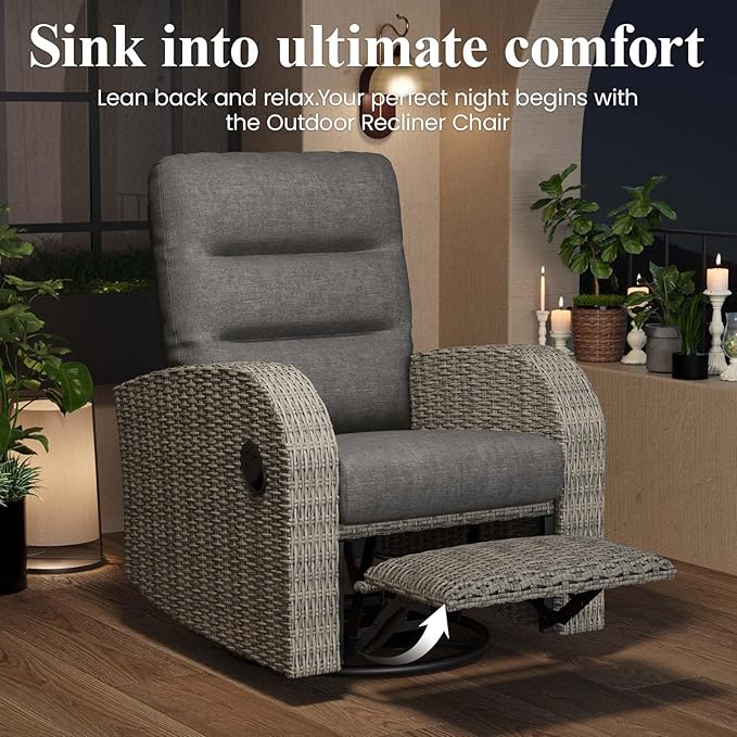 LayinSun Oversized Wicker Outdoor Swivel Glider Recliner with Adjustable Backrest & Footrest, Patio Reclining Lounge Chair - Image 3