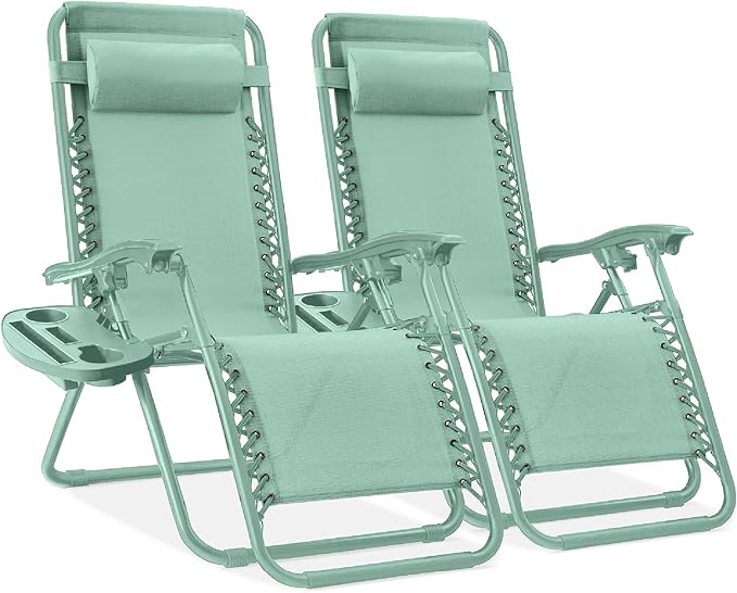Best Choice Products Set of 2 Adjustable Steel Mesh Zero Gravity Lounge Chair Recliners w/Pillows and Cup Holder Trays - Seafoam by BestChoiceProducts