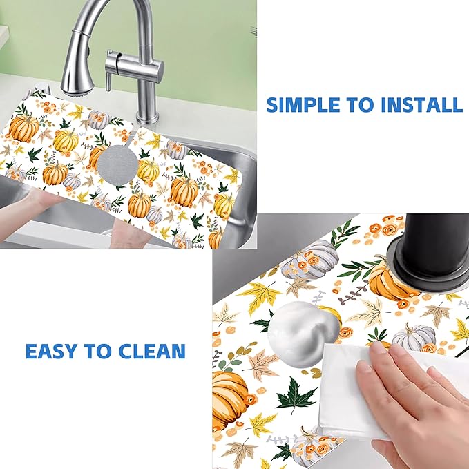Thanksgiving Sink Faucet Absorbing Mat Pumpkin Floral Leaves Sink Splash Guard - Image 5