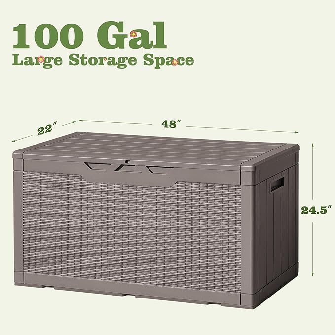 Flamaker Outdoor Storage Box 100 Gallon Waterproof Resin Deck Box Delivery Box with Air Rod Indoor Outdoor Lockable Storage Bench for Patio Cushions, Tools, Pool Accessories (Brown) - Image 5