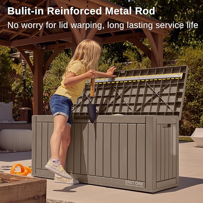 EAST OAK Outdoor Storage Box, 60 Gallon Deck Box Indoor and Outdoor Use, Waterproof Resin Storage Bin for Patio Cushions, Gardening Tools, Lockable, UV Resistant, Brown - Image 4