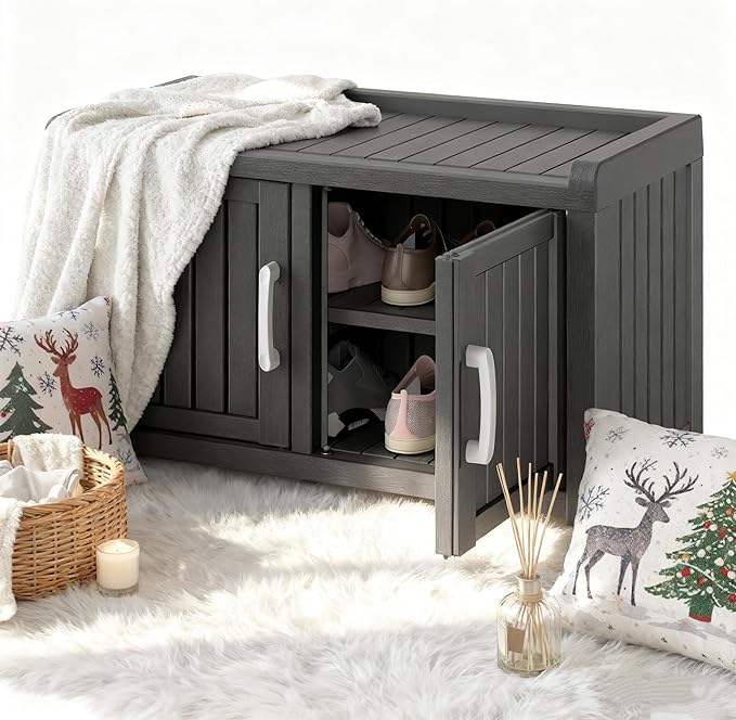 2-Tier Storage Bench, Waterproof UV-Resistant Outdoor Shoe Storage Cabinet with 2 Doors & Adjustable Shelves for Indoor Outdoor Entryway, Hallway, Living Room (Midnight Black) by NBYSGO