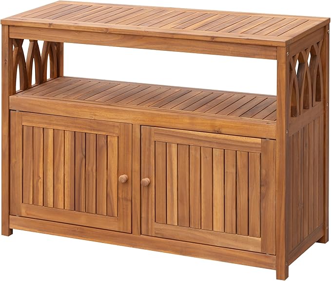 Greesum 2-Tier Outdoor Storage Cabinet in Acacia Wood, with 2 Magnetic Doors, for Garden, Picnic, Buffet, TV Stand, or Bar Table, Brown by BuynowfromGreesum