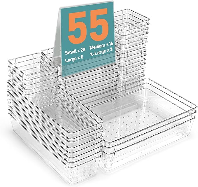 55Pcs Clear Plastic Drawer Organizers Set, 4size makeup drawer organizer trays by VEXTHYXOfficial