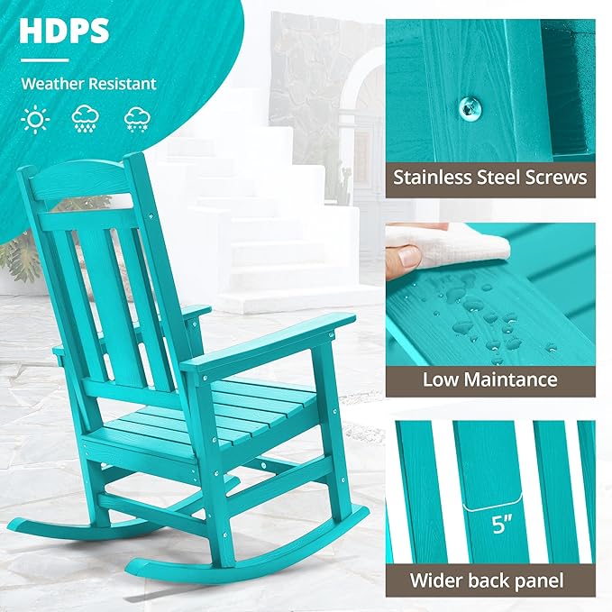 LUE BONA Rocking Chair Outdoor, Weather Resistant HDPS Plastic Rocker Chairs, 350lb Heavy Duty, Oversized Porch Rocker for Adult, High Back Smooth Rocking Chairs for Outdoor & Indoor, Aruba Blue - Image 3