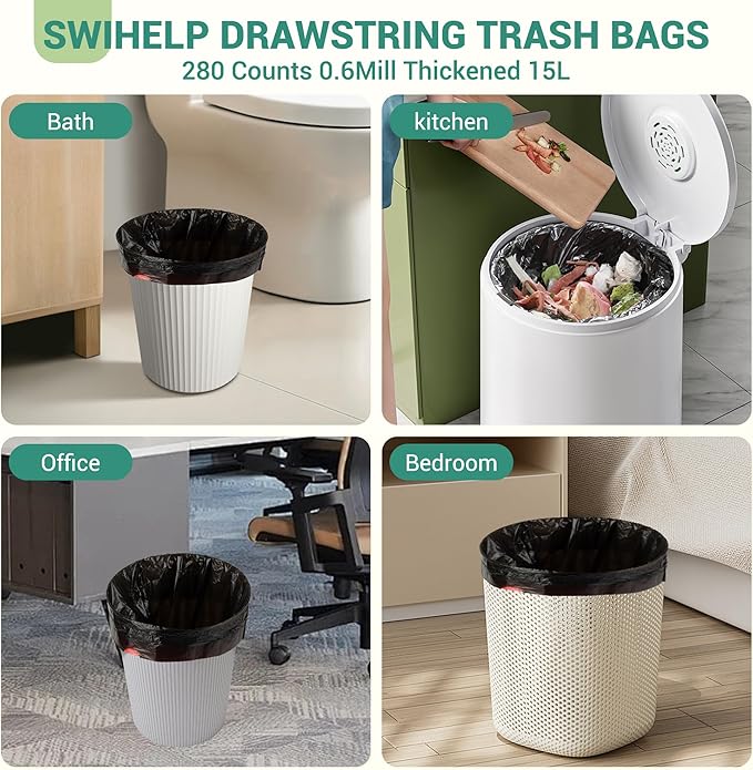 SWIHELP Drawstring Trash Bags 280 Counts 4 Gallon Garbage Bags 15 Liters - Image 6