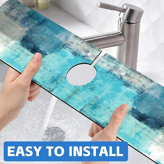 Kitchen Sink Splash Guard Faucet Mat Abstract Teal and Grey Geometric Absorbent - Image 6