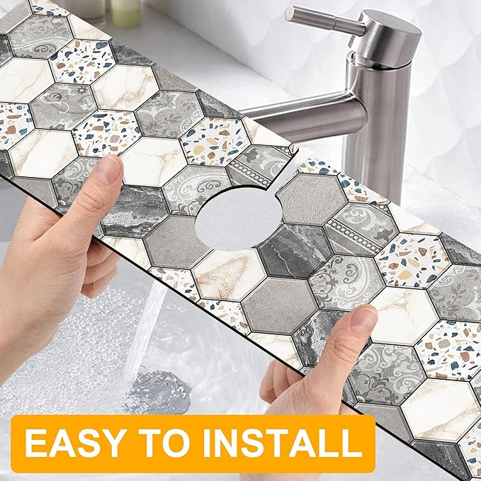 2 Pack Hexagon Marble Sink Splash Guard Faucet Mat Gold Glitter Lines Marble - Image 4