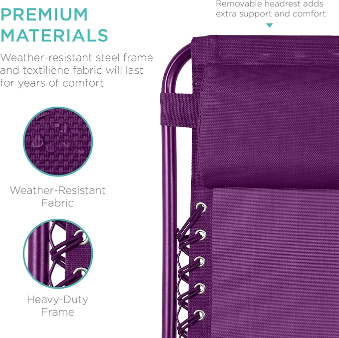 Best Choice Products Set of 2 Adjustable Steel Mesh Zero Gravity Lounge Chair Recliners w/Pillows and Cup Holder Trays - Amethyst - Image 6