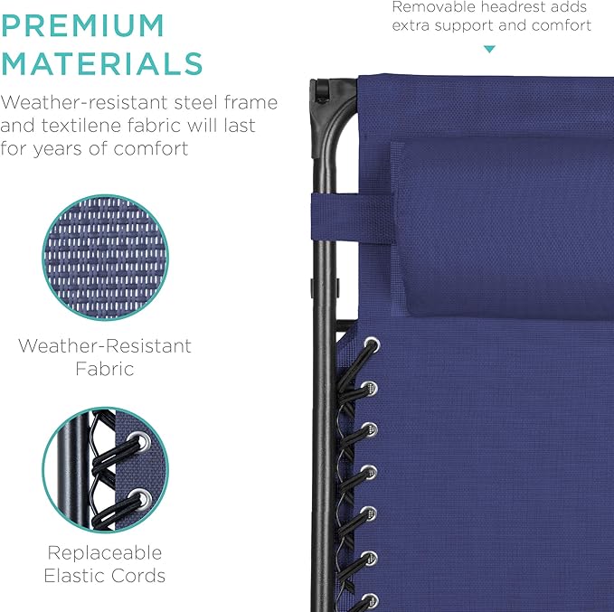 Best Choice Products Folding Zero Gravity Outdoor Recliner Patio Lounge Chair w/Adjustable Canopy Shade, Headrest, Side Accessory Tray, Textilene Mesh - Navy Blue - Image 6