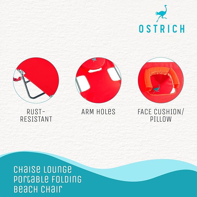 Ostrich The Original Chaise 72 x 22 Inch Lounge Portable Reclining Lounger, Outdoor Patio, Beach, Lawn, Camping, or Pool Tanning Chair, Red - Image 4