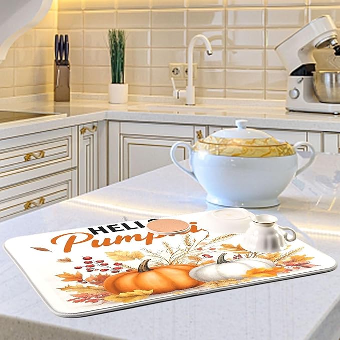 Hello Pumpkin Dish Drying Mat for Kitchen Countertop 18x24 Fall Harvest Leaves - Image 6