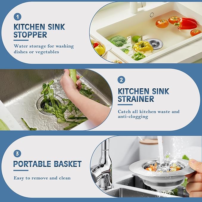 Kitchen Sink Drain Strainer 3 Pack, 304 Stainless Steel Pop Up Sink Stopper - Image 6