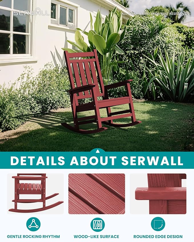SERWALL Oversized Outdoor Rocking Chair Set of 2, HDPE Rocker for Adults, Patio Rocking Chairs for Porch, Crimson Red - Image 4