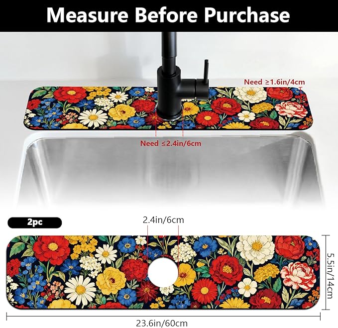 2 Pcs Kitchen Sink Splash Guard Faucet Mats Vintage Colored Flowers Pattern - Image 2